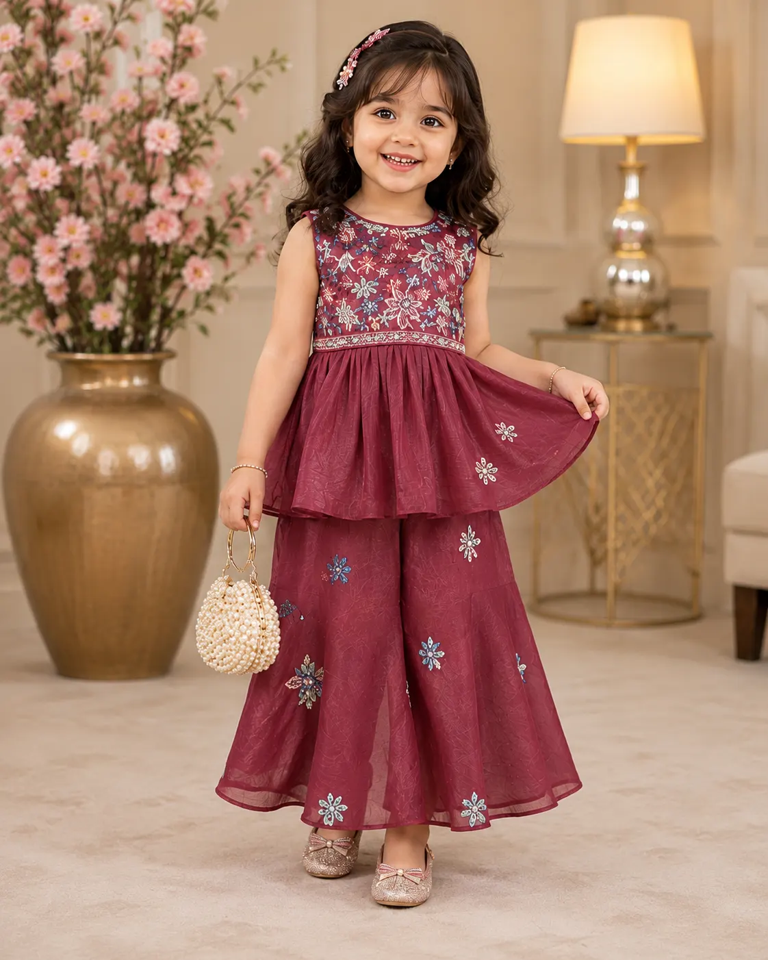 Ruby Blossom Embroidered Palazzo Set